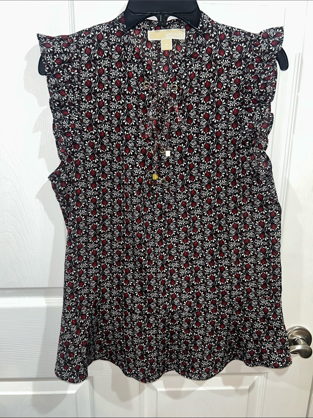 Michael Kors Black Floral Cap-Sleeve Tie-Neck Blouse PTP:19